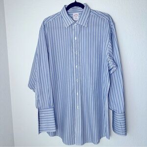 Brooks Brothers Mens Non Iron Dress Shirt 16.5 Blue Black Pinstripes French Cuff